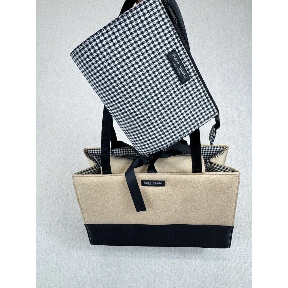 Kate Spade New York Gold Black Tote Bag & Gingham Zip Pouch Bow Canvas Large